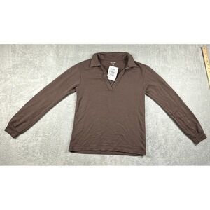 Year Of Ours Women's Long Sleeve V-Neck Collared Fleece-Lined Shirt Brown XS NWT